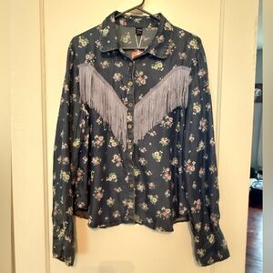 SHEIN Boutique Blue Floral Fringe Button Down Shirt XL